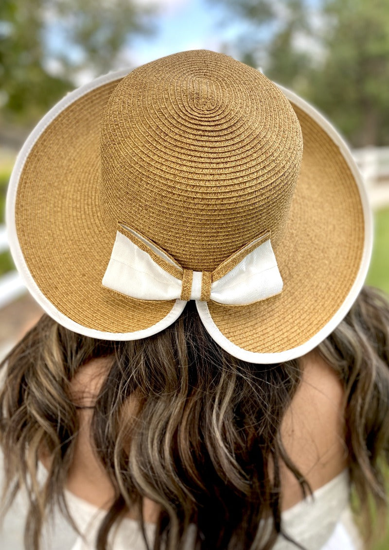 Women's Summer Hat UPF 50 Wide Brim with Bow Ribbon Tan Medium