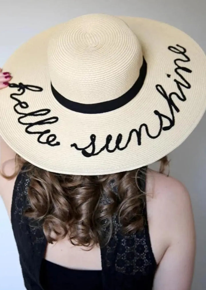 Hello Sunshine Wide Brim Straw Sun Hat - Natural with Black Script Wide Brim Woven Sunhat, Hello Sunshine – SpearmintLOVE main image 4