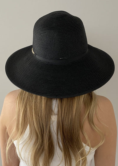 Wide Brim Black Summer Straw Hat For Women Gold Ribbon